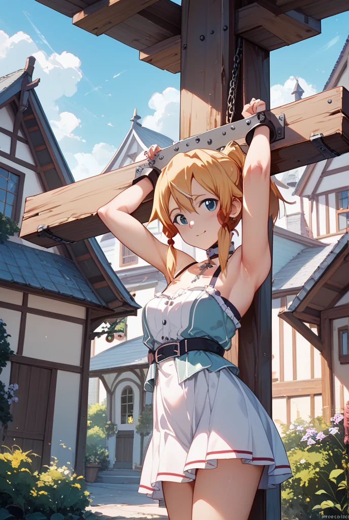 masterpiece,highest quality,very detailed,1 girl,alone,Whooping,face down,closed mouth,unconscious,close your eyes,Sweat,Sweatdrop,blush,very big breasts,
long hair,blonde,short sleeve,wet miko clothes,white sleeves,removed sleeve,red hakama,long skirt,White priestess uniform,
Wagon car tied up,BDSM,(((shibari over clothes,rope,bound,restrained,against pillars))),pillars,Triangle Trojan