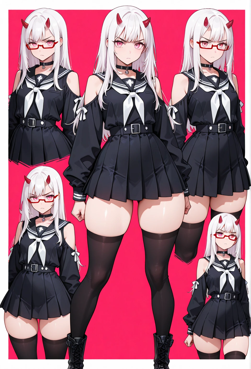 same-character,(CharacterSheet:1),(multiple views, full body, upper body, reference sheet:1),standing,1girl,adult,fair_skin,blonde hair,Two long and short hair-make up a love,Phoenix feather headdress, The cut marks on the neck,A base shirt with a hollowed out stomach and shoulders,blouse,clothing_cutout,navel_cutout,heart_cutout,cleavage_cutout,overcoat,An open-short-sleeved trench coat,Lace bracelet and black gloves,Crotch cloth (front and back),Purple high heels,Ribbon on the left leg,The bright red phoenix