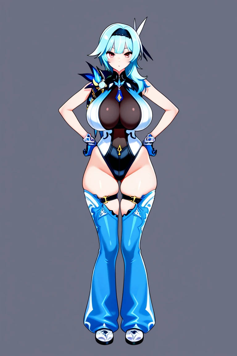 very wide hips, thick thighs, high platform heels, high cut leotard, huge breast, thin waist, tight stockings, bob cut hair, thick body,