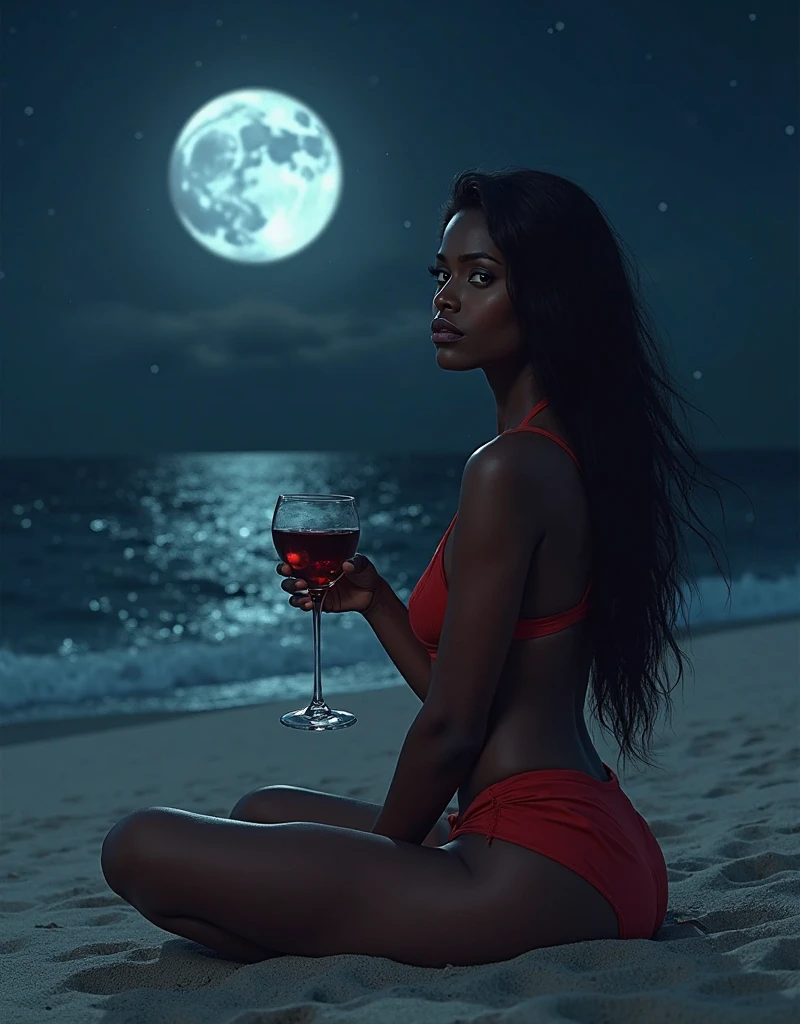 (Masterpiece - Illustrations - Detailed - Best Quality) beautiful curvy black woman wearing red lingerie sitting on a full moon , with the universe around her, 8k , perfect anatomy, super detailed , hyper detailed face, realistic hands, super detailed eyes