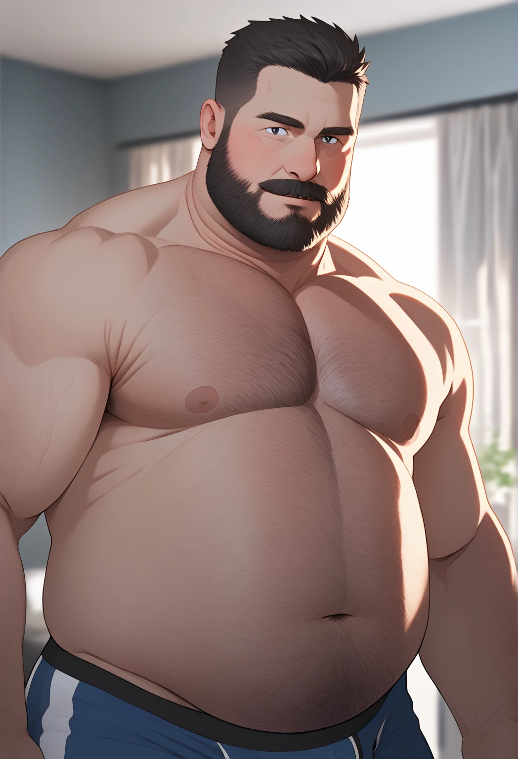 Uncle Banner the Hulk in the Avengers,Male uncle,A little bearded,Strong body,big breasts slightly fat,Short black hair,The upper body wears a white shirt,The shirt is fully unbuttoned,Exposes the pectorals and abs,The lower body is wearing khaki trousers,There is chest hair,The arms are hairy,Thick hairs on the calves,Body hair on the buttocks,sit on a bed,Spread your legs,Legs raised,Expose the thick soles of your feet,Wrap your hands around your thighs,Butt forward,Sweaty face,Covered in sweat,The expression is shy