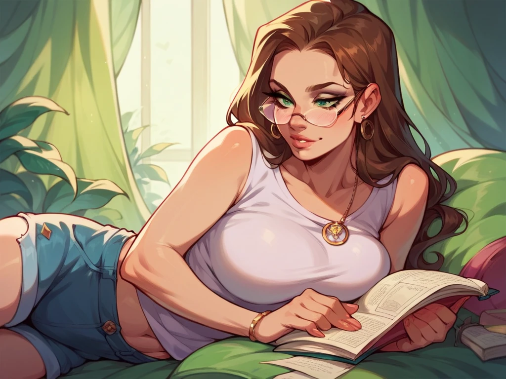 woman, prone, laying down, glasses, cleavage, book, carpet, bedroom, [[top-down bottom-up]]