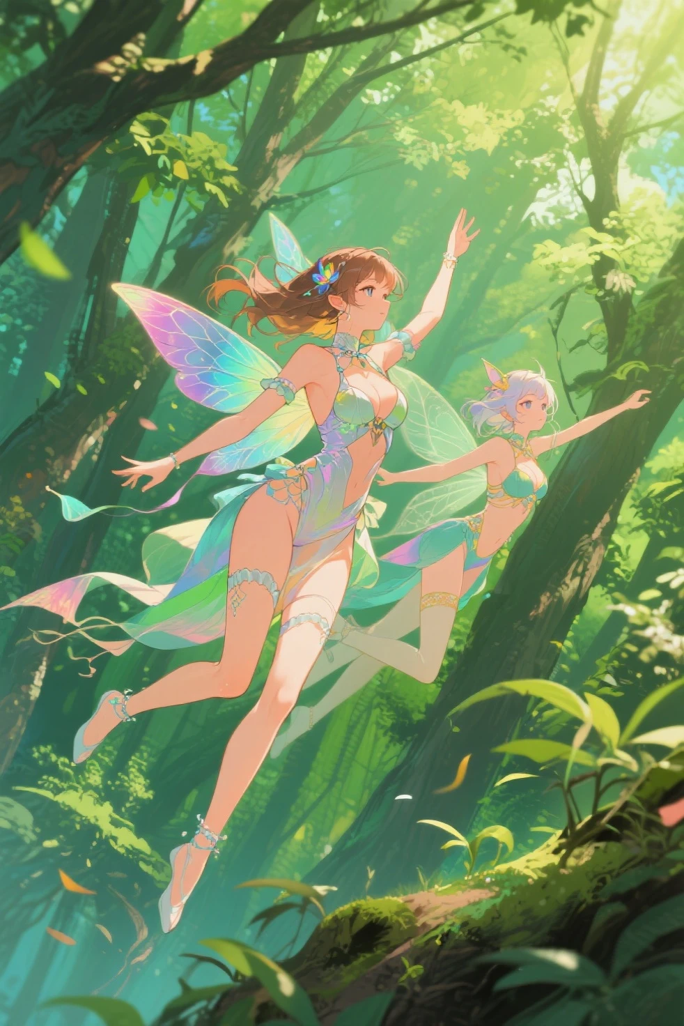 ((masterpiece)), ((highest quality)), (ultra high resolution,8K),(Ultra high fine mesh,4K), (Highly detailed CG integrated 8k wallpaper), (perfect anatomy,anatomically accurate), (Angle from below), (((Sitting on a branch of a tall treeセクシーな魅力を持つ爆乳三姉妹の妖精))), (((Faithfully reproduced three big-breasted sisters fairies))), (Sitting on a branch of a tall tree:1.5), beautiful butterfly in flight, (surprised expression:1.4), ((whole body)), (brown hair +1.2), blonde hair, (short bangs), (dynamic composition), High definition beauty face, (more beautiful blue eyes), (open your mouth), (wet body)), shiny skin, fine skin, thin hair, cowboy shot, background, (Butterflies flying around a woman), near pond, (starry sky), forest, Pillar of Light, water lily, moss, Clean water, moonlight, Sparkling, (midnight, darkness), Shining six-pointed star, string panties