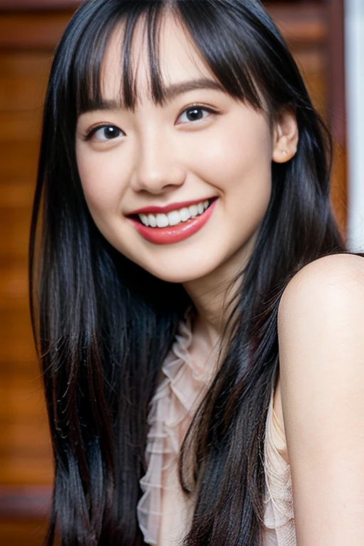 (((Very long, beautifully straight black hair that reaches down to her butt..3))) ((extreme close-up)) (The bangs are neatly trimmed in a princess cut.、It's long enough to reach your eyes:1.3) (Her very long black hair is very shiny.、It's shiny.、And that'Thick and shiny like silk、The most beautiful and exquisite in Japan, with extremely long blonde hair and extremely shiny, Beautiful, straight, extremely long black hair、She is very long, Super straight black hair. And she really, Really long, beautiful black hair.) ((highest quality)), ((masterpiece)), (Get used to that) perfect beautiful face (The most beautiful Japanese 18 year old girls) ((Rich 1.4)) beautifull thatに慣れる face 8K (Ultra-fine skin texture 1.4) (actual, lively:1.4), double eyelid sharp focus:1.2、Beautiful woman:1.4 The whole body is super beautiful々New skin texture ((She's perfect Common skin colors of Japanese people She is a perfect professional beautiful make-up Lipstick is slightly pink Eyeliner is black)) ((big breasts)) Unique Japanese faces Japan body type that'that'that' (She is wearing sky blue lingerie) (Real photos from professional photographers:1.1) (I'm standing in front of the sky blue wall in my room. He has a very happy smile as he is shown the male genitals of the viewers.、Her smile is amazing)
