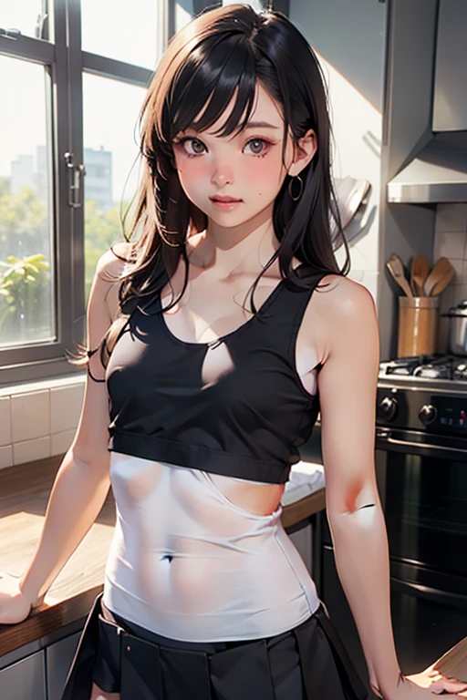 ultra-detailed realistic, 1 girl, standing alone, long brown hair, eye white, bangs over eyes, ponytail hair style, hair pulling back, all-body, Ultra realistic delicate face with deep details, kitchen background, Shorts with open zipper showing beautiful pubic hair, chemise, tool belt, insane details, ultra-realistic image, perfect symmetry, vibrant and clear, dynamic view, high level of detail and definition, 1200 PPI – Photographic resolution with greater color realism, hyperrealisti, high fidelity,  cinematic, 8K UHD image resolution.