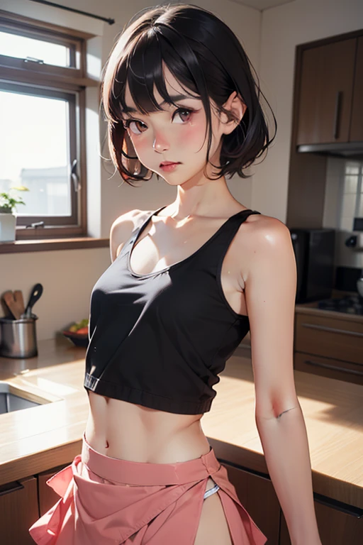 1 teenage girl, (skinny body:1.3), tight yoga pants and loose pink cropped top, (flat chest like a boy:1.3), (standing casually), kitchen, Anatomically Correct, wavy hair with bangs, (best quality,4k,8k,highres,masterpiece:1.2),ultra-detailed,(realistic,photorealistic,photo-realistic:1.37),HDR,UHD,studio lighting,ultra-fine painting,sharp focus,physically-based rendering,extreme detail description,professional,vivid colors,bokeh,photography