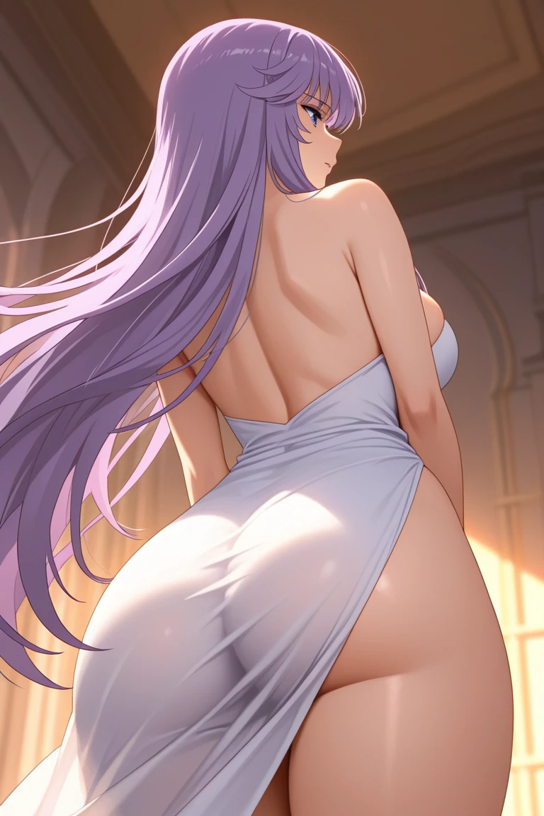 masterpiece, best quality, 1girl, solo, purple eyes, nude, very long hair, large breasts, swept bangs, light purple hair, quinella, quinella (SAO), <lora:quinella_(sao)_v10:0.5>, ass