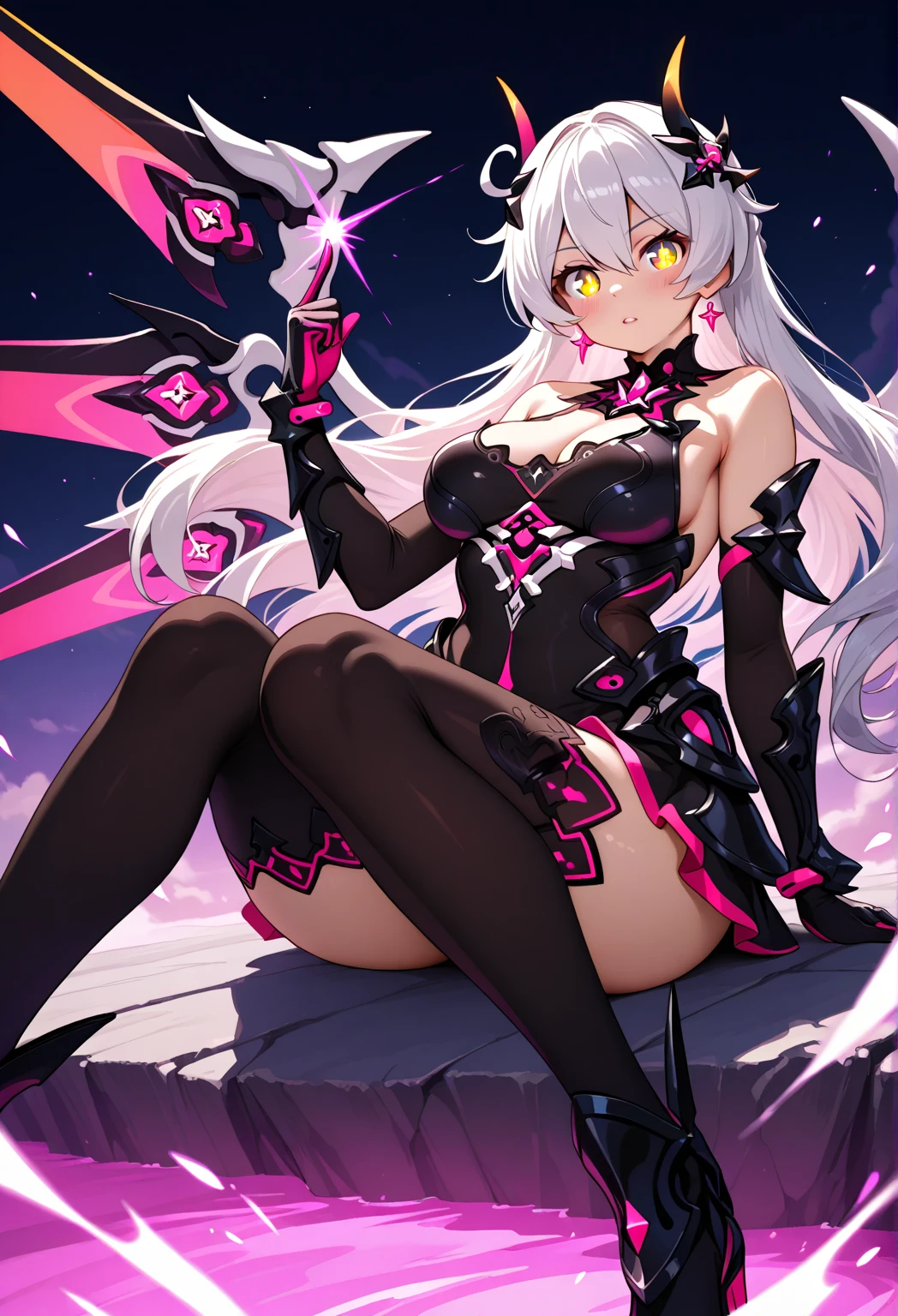 pale skin，dark风，wearing leg rings，long white hair，black eye shadow，red eyes，Abstinence，dark，goat horn，sickle，grim Reaper，sitting，succubus，Open the legs，Smile，Sticking out tongue
