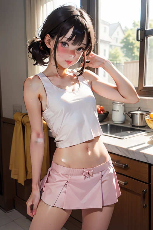 masterpiece, high detailed picture, high quality picture, 16k, 1 girl, wearing very small pink pajama shorts and pajama tank top, pink thighhighs, leaning against a kitchen counter, long black hair, two thin pigtails, necklaces, bracelets, looking straight at viewer, accurate hands and fingers, face, 21thshirow