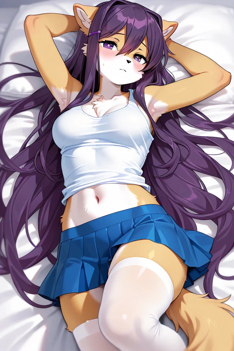 submissive_pose,,huge natural breasts,paw pose,cut,legs up
<lora:crop_top_overhang_v0.1:1> crop top overhang, 1girl, solo, looking at viewer, crop top, midriff,underboob, panties
<lora:add_detail:0.7> <lora:ddlcyuritest:0.8> ddlcyuri, long hair, purple hair, purple eyes, hairclip, large breasts <lora:DDLC-Style_Fp:0.5>, lying, <lyco:SubmissivePose-LoCon-000002:1>