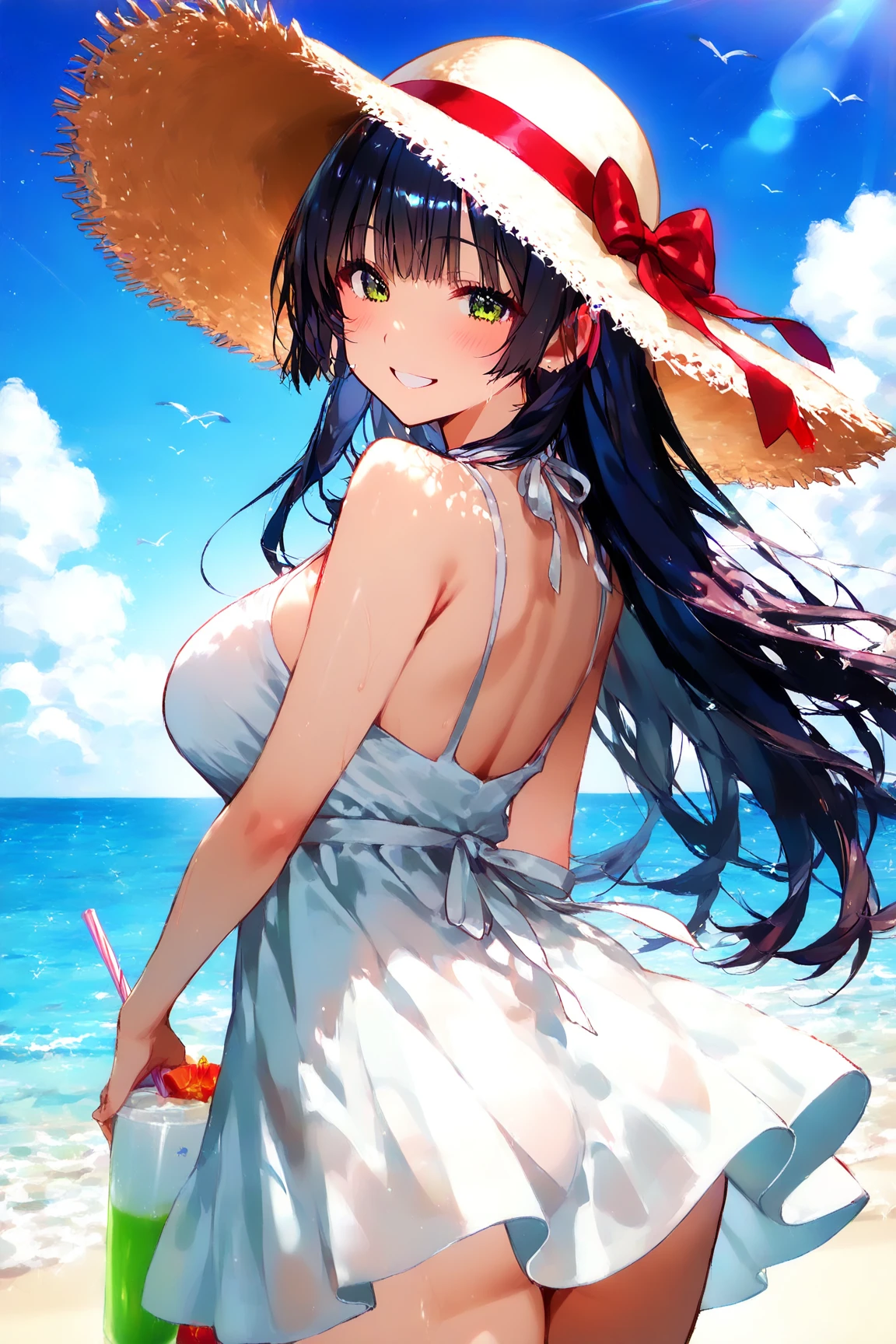 anime girl standing on the beach, ocean in the background, clear sky, beautiful sky, beautiful sunlight, wind, waves, (1girl), long black hair, brown eyes, large ass, looking from behind, wearing a black swimsuit, sun hat, smile, blushing, expressive eyes, amazing scenery, masterpiece, high res, 8k