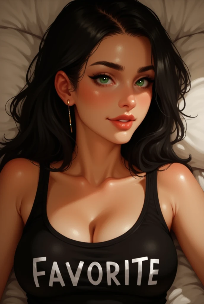 Amazing portrait of a sexy woman with a beautiful face emphasized by sexy makeup with beautifully detailed eyes and beautifully detailed lips and an extremely detailed eyes and face with long eyelashes wearing a detailed olive green top and white cargo pants with a sexy and seductive gaze and her soft lips parted in a smile as she's blushing intensely with her black luscious long straight hair having a perfect body with a medium chest and cleavage resting on a bed with her head on a pillow facing the viewer with harmonious lighting and colourful and vibrant tones