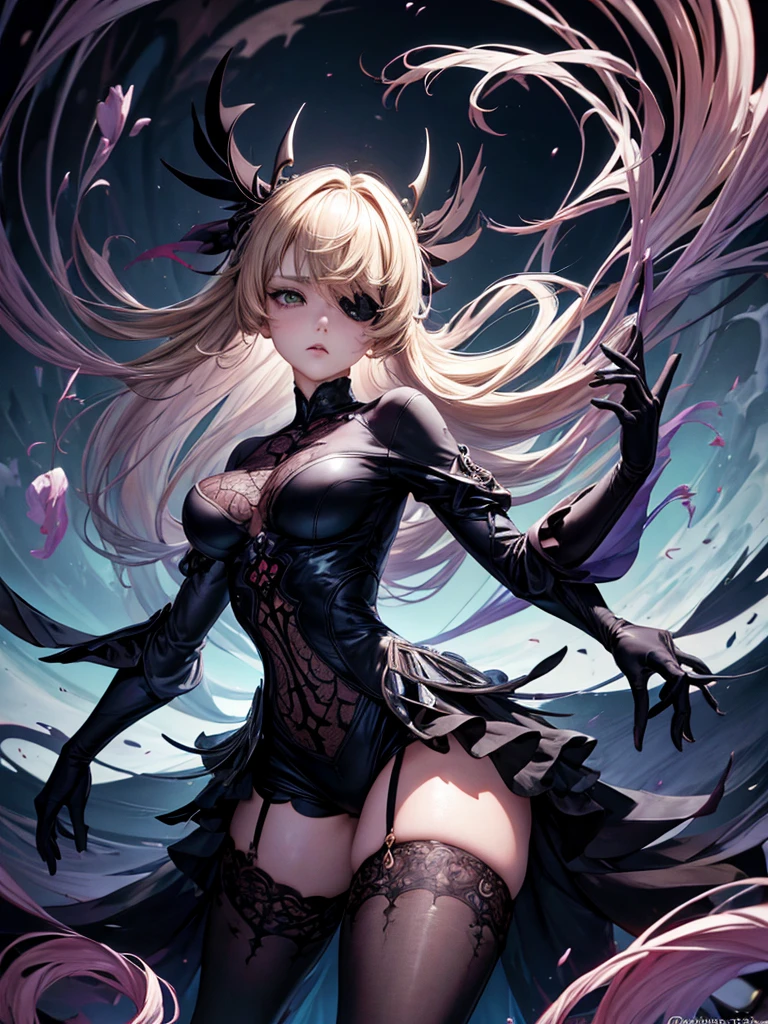 "((fantasy art)) featuring an alien girl, immersed in a heavenly symphony, clouds turn into bright splashes, flowers are scattered, like notes in the wind, visual orchestration of color and wonder" night , full moon