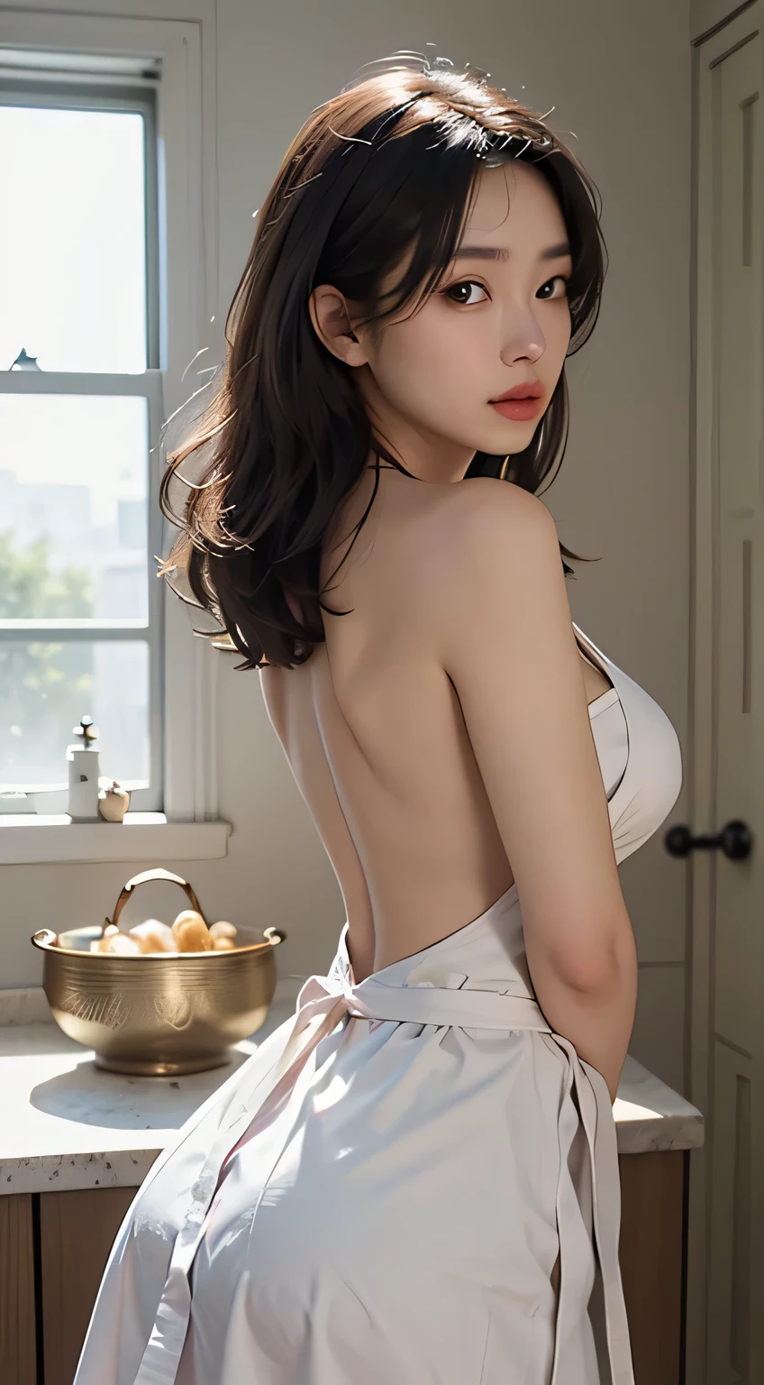 Supremely Beautiful Woman, Detailed Body with Big Breasts, Sexy Expression, (Breast Plate Apron), (Without Panties: 1.3), (Without Bra: 1.1), (Back View), (Side View), Detailed Lips, Two Hands, (Photorealistic: 1.4), (Best Quality: 1.0), (Ultra High Definition: 1.0), 8K, RAW Photography, (Masterpiece: 0.2),