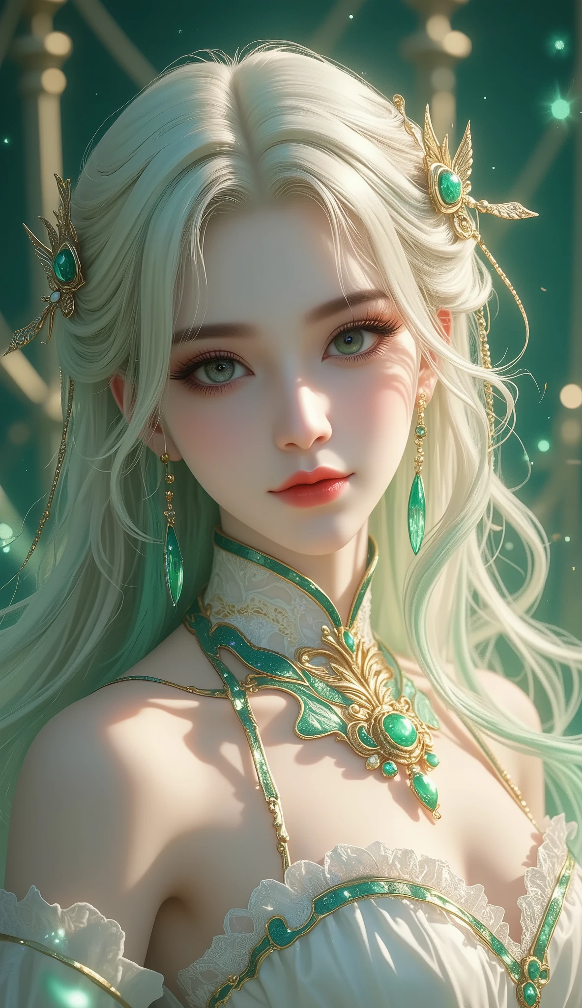 (masterpiece, detailed:1.2), Voluptuous woman, woman, fierce woman, gradient hair, long hair, voluminous hair, emerald eyes, gentle smile, glossy lips, gothic, thick eyelash , blond hair, green gradient highlight, light hair, multicolored hair, colored inner hair, (Mandarin gow dtess, white lace strapless, gold trim), emerald brooch, soft lighting, various iridescent foggy glitter effects, brilliant light and shadow, seamless, contrast, gradation effects, highly detailed, sharp focus and contrast, extremely clear image,