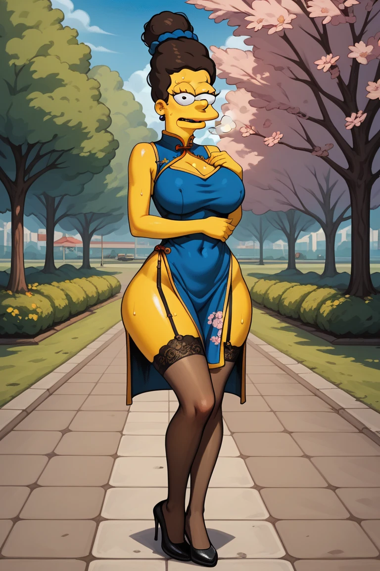 Harley Quinn, solo women, cute face, naked, big breasts, thick body, Harley Quinn Batman the Animated Series, full body, Standing, in the park, cuerpo completo, high resolusion