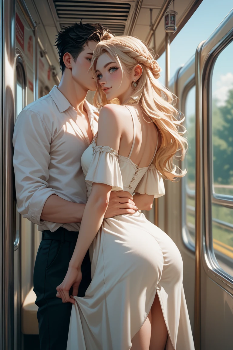 The train crowded several men hugging her from behind.、Talking in her ear,other men picking her up on their lap,picking her up,mini white skirt swinging up, 40k, change, masutepiece, Best Quality, Dark gray background, (1girl blue eyes and blonde hair soon curly), she rocks her skirt、Let's have a sexy round until the big ass is waiting for you。.: 1.3), (white plunging open shirt: 1.3),elderly man leaning against the back picking her up,Poses variadas.