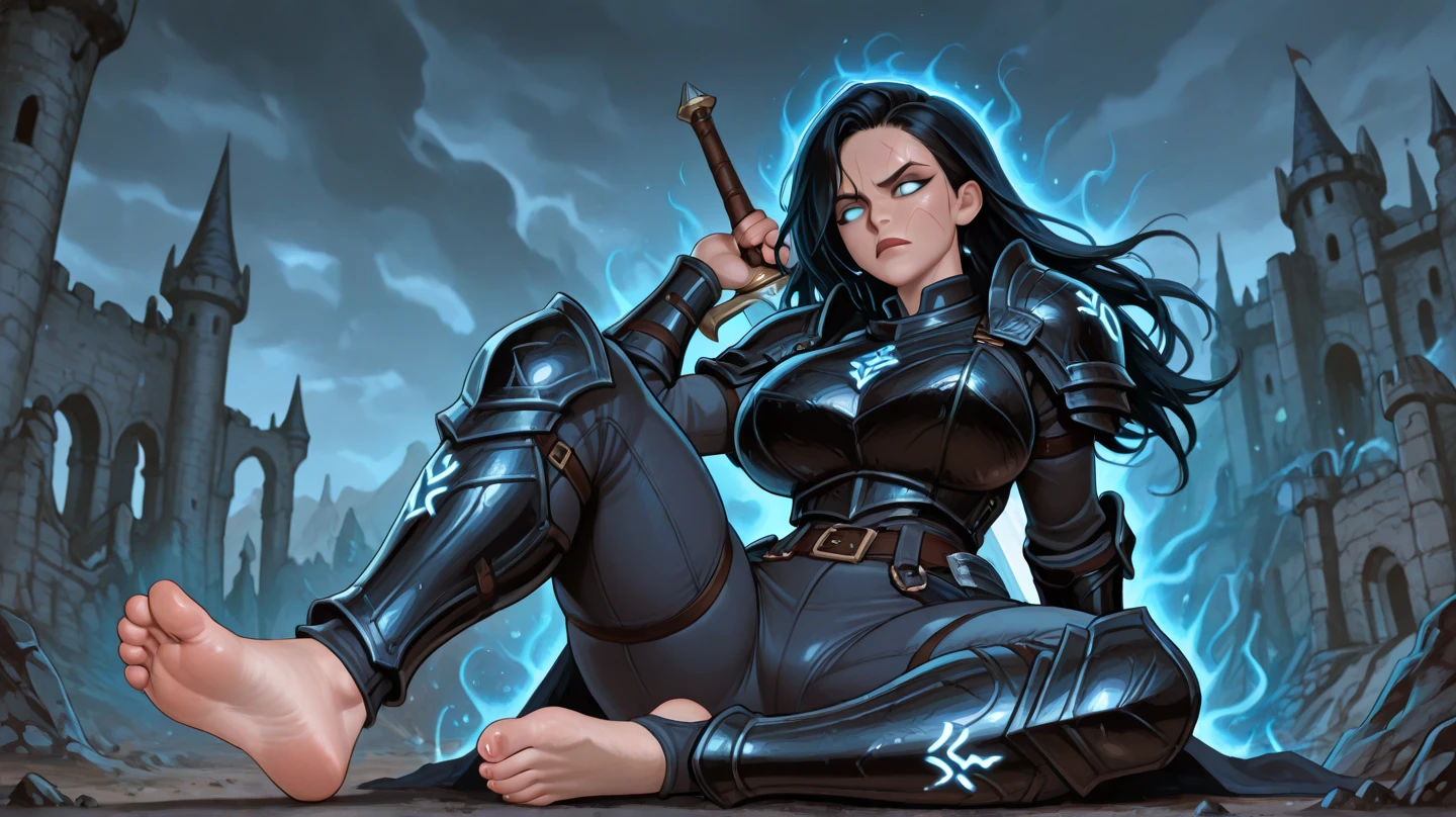 1girl, black hair, long hair, large breasts, muscular female, black leather armor, ninja, red eyes, smirk, jumping above the trees, sitting under tree, spread legs, sucking own finger, dynamic angle, forest, day, solo, <lora:L2:0.8>, score_9, score_8_up, score_7_up