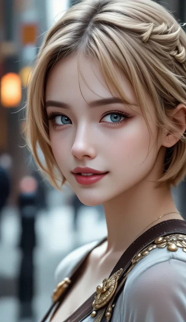 Masterpiece , (8k, RAW photo, photorealistic:1.25) ,( lipgloss, eyelashes, gloss-face, glossy skin, best quality, ultra highres, depth of field, chromatic aberration, caustics, Broad lighting, natural shading) looking at viewer with a serene and goddess-like happiness, blonde hair, sexy, blonde hair, blue eyes, realistic,photorealistic, close-up, short hair,(sweet smile),((closed mouth)), looking at viewer,standing, simply background , beautiful eyes, (12 years old, youngish :1.2), baby face, flat chest