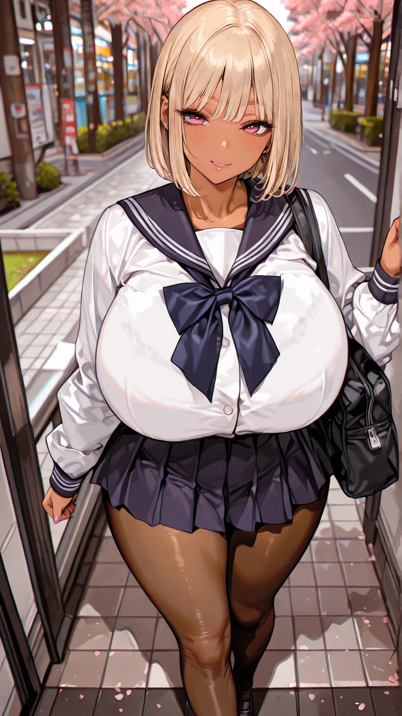 toga himiko,1girl,solo,Females in heat,blush,blonde hair,yellow eyes,narrowed eyes,blunt bangs,open mouth,fangs,cardigan,long sleeves,neckerchief,red neckerchief,gigantic huge breasts,condom in hand,looking at viewer,standing up,sex hotel background