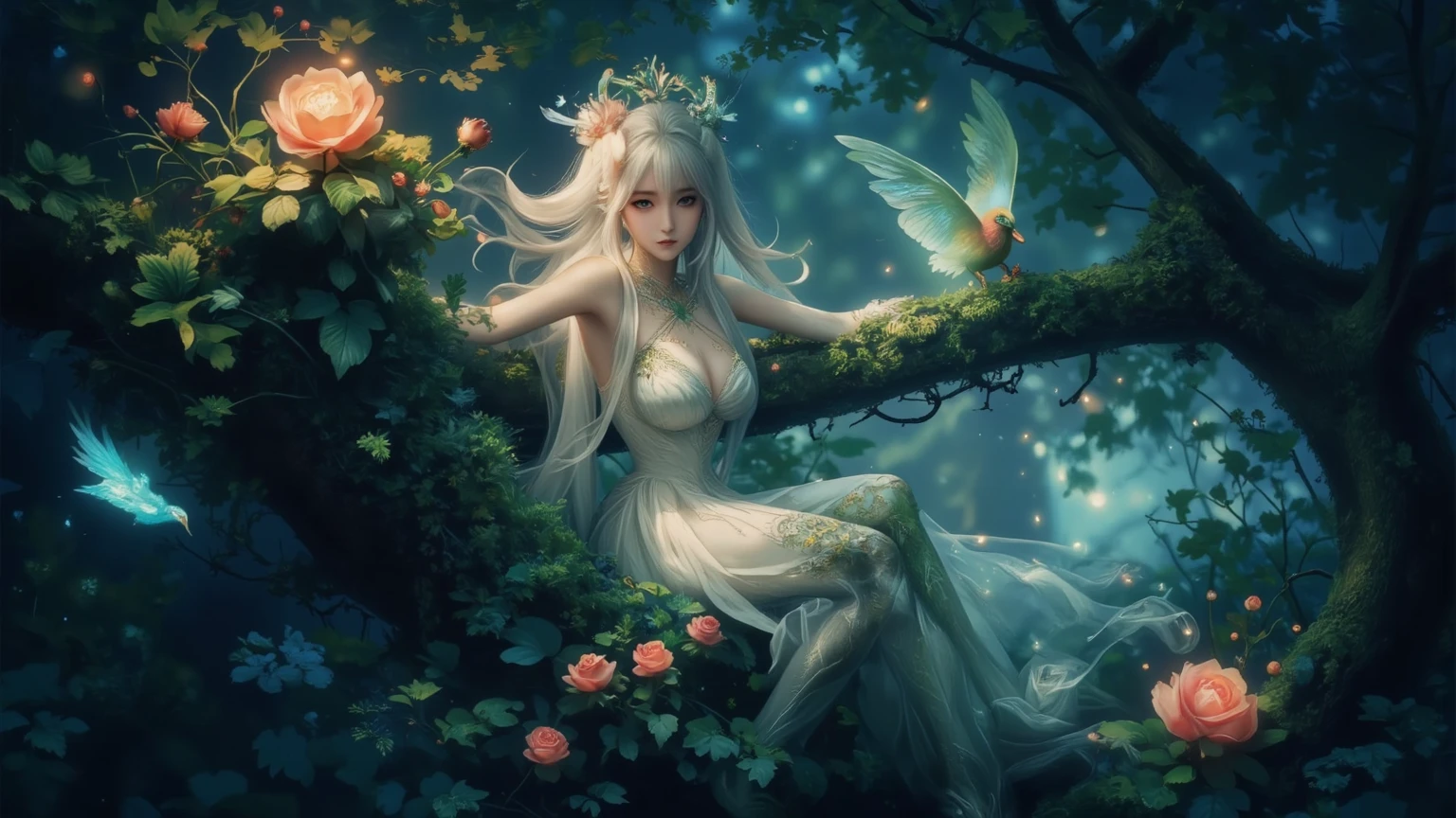 Illustration of a hyperrealistic scene, Otherworldly, Ultrasky with an entire giant crystal tree body, une femme splendide, of inhuman beauty, comme un ange, sensuelle et libre, Highly detailed and magical lighting, Intricate details of the forest, vegetation and a river around, un solarpunk, un paysage, A giant tree, Beautiful foliage with beautiful lighting and realistic proportions, Film background, 8k, of the highest quality, A masterpiece, Clouds and stars in the sky