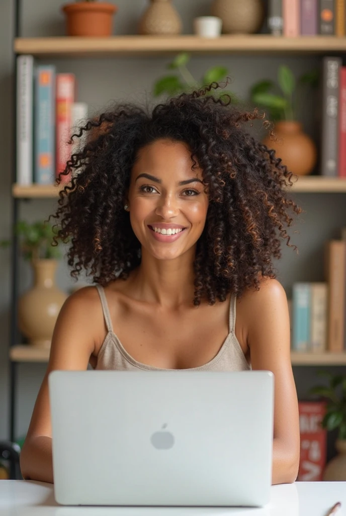 A Brazilian woman with long curly hair in her home office, happy shopping online