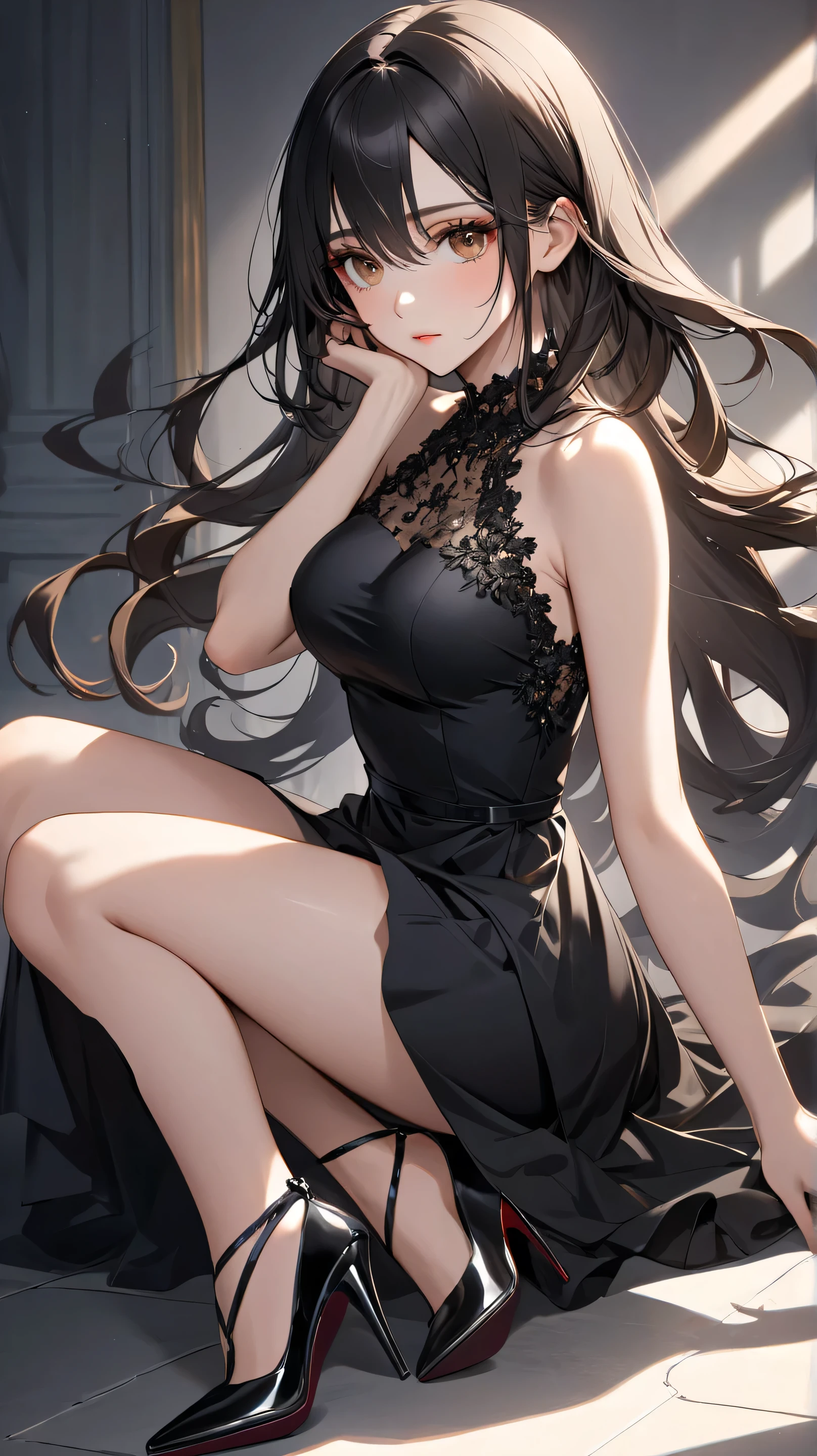 absurdres, RAW photo, extremely delicate and beautiful, masterpiece, Best Quality, ultra high resolution, 32k, hyperrealistic, ultra-detailed, late 20s, very Slim body, narrow waist, very small head, handsome detailed woman, very detailed eyes and face, realistic face proportions, Stunning detailed eyes, Realistic beautiful face, very small face, Realistic small beautiful eyes, delicate facial features, tearful mole, earring, very huge round breasts, ((((full body shot)))), medium hair, black hair, ((cheongsam)),