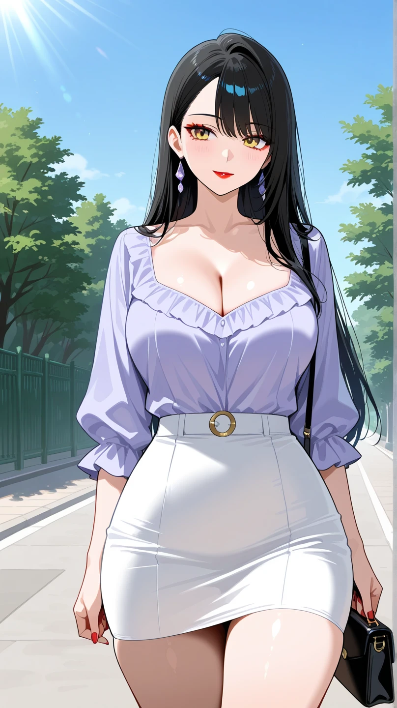 Hot sexy beautiful milf mom holding her breasts in hands , cleavage,saggy shirt, stocking,skirt,slender body, detailed lips rings ,black blunt hair,black eyes,white sun glasses on head, detailed ear, cuff earrings , alluring face, smiling, necklace , red lipstick big ass,