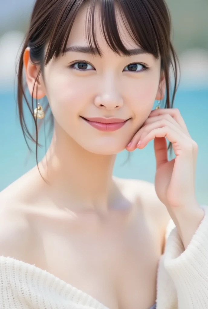 ((Standing on a hill overlooking the sea)),(masterpiece)、(Highest quality:1.5)、(Photorealistic:1.2)、(Surreal), (High resolution), (Realistic), (Post-processing),(Sharp focus), Sharp focus:1.2,Backlight, (Improvement of quality:1.4), (Narrow waist)、((Perfectly detailed five-fingered hands)),(Anatomically correct body)、((1 female:1.4))、Japanese、Realistic Skin、(Small chest:1.4)、Bust size is A cup、A pretty woman with a slender figure:1.4,(from the front:1.5), (Enhances the beauty of skin texture:1.1),No makeup、美しいBlack Hair、smile、Natural color lip、(Small Mouth:1.4)、The mouth is not open、Thick lips、(Oval Face)、Even bangs、Hide eyebrows with bangs、((33-year-old woman))、Bob Hair、Hair blowing in the wind, (Black Hair, Iris, Watery eyes, Shining Eyes, Bob cut hair,), Hair behind the ear、No makeup、(Drooping eyes)、(((One lovely woman)),((優しい大きなsmile)),(( Small breasts,Small breastsの谷間)),((((Plump Cheeks)))),very cute,(Baby Face),Raccoon face,erotic、Colorful color micro bikini、
