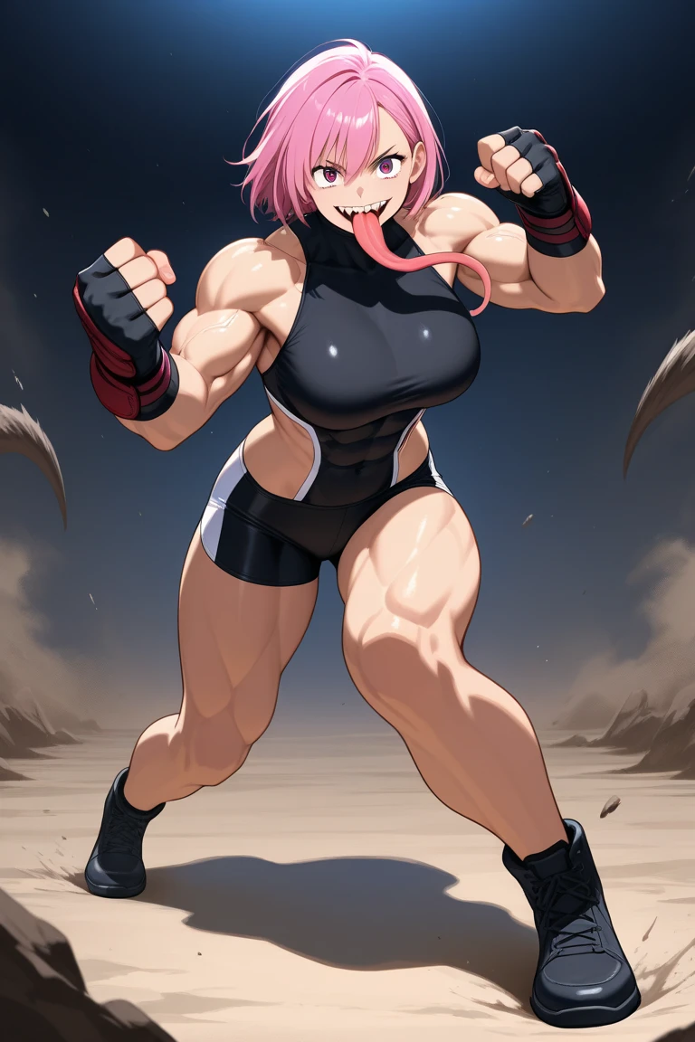 ((masterpiece, best quality)),(complex light), 1female,solo,upper body, goku black,super saiyan rose hair,pink eyes, angry, green potara earrings, large breasts, wide hips, curvy, thin waist, red collar, solo girl, armpits, arms up, large breasts, gigantic , hips, curvy, thin waist, black slingshot swimsuit, black arm sleeves, abs, muscular female, 6 pack, muscles, beach background, sexy