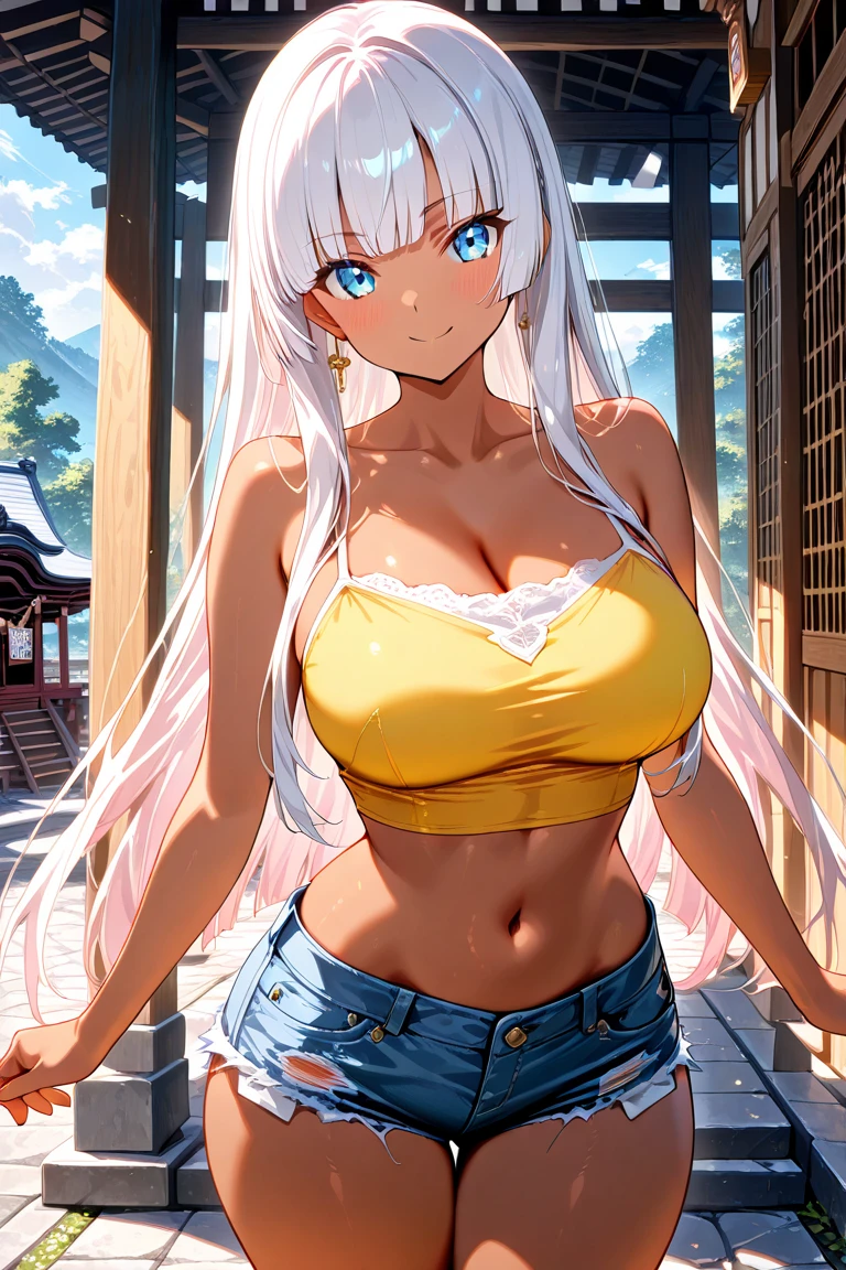 big soft breasts ((she is beautiful 30 year old wolf girl)), ((natural long snow white hair, with beautiful bangs)), double eyelids, detailed light brown eyes, hyper detailed eyes, light effect on eyes , detailed iris, has an extremely sexy appearance, with incredible breasts and perfect waist, ((short cropped red embroidery details, sleeveless, cowboy shot, jeans, light makeup, cleavage)), ((masterpiece, hyper realistic, hyper detailed, best quality, 16k, light and shadow effect on skin, vivid colors)), eyeliner, passionate expression, Perfect lips, innocent and sexy face, charming smile, ((skin with light and shadow), beautifully seductive , in love, Embarrassed, ((she is beautiful)), ((sensual pose variables)), flirting with the viewer, seductive look, rice fields in the distance, flower beds, ((dirt road))