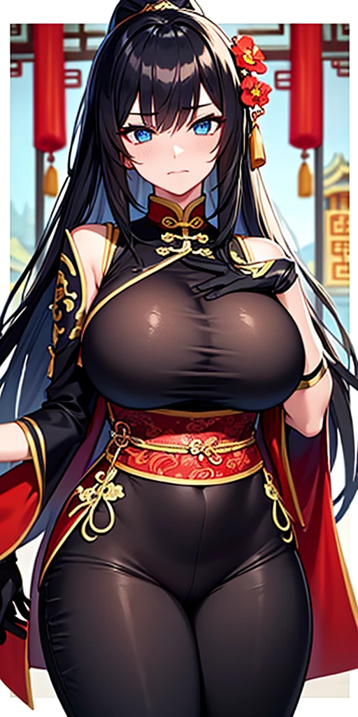 A Chinese woman, black hair, golden eyes, silky black and golden mini dress, earrings and necklace, big chest, wealthy, at luxurious house, cold smile, one hand on face, Chinese dress