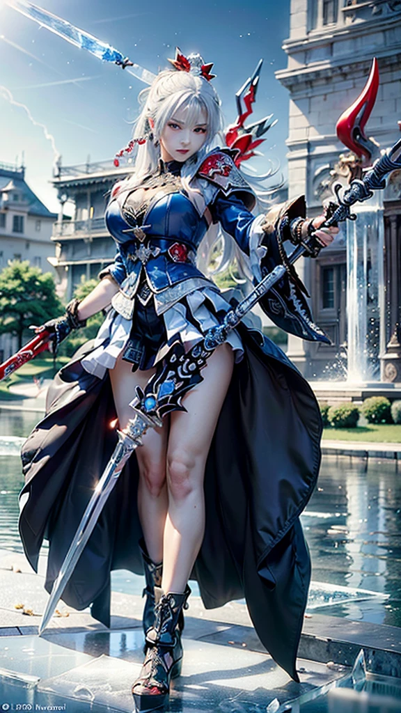 1girl,jean \(genshin impact\),genshin impact,

portrait,  dutch angle,full body
Orange uniform with light blue miniskirt,white nunchaku in the hand,

medieval castle, village,river, boat
lens flare,diffraction spikes, vapor,
blurry background,  depth of field,
medium  breasts,
smile,
perfect hand,, (masterpiece:1.2),(best quality:1.2), (absurdres:1.2), (detailed background),newest, ai-generated,