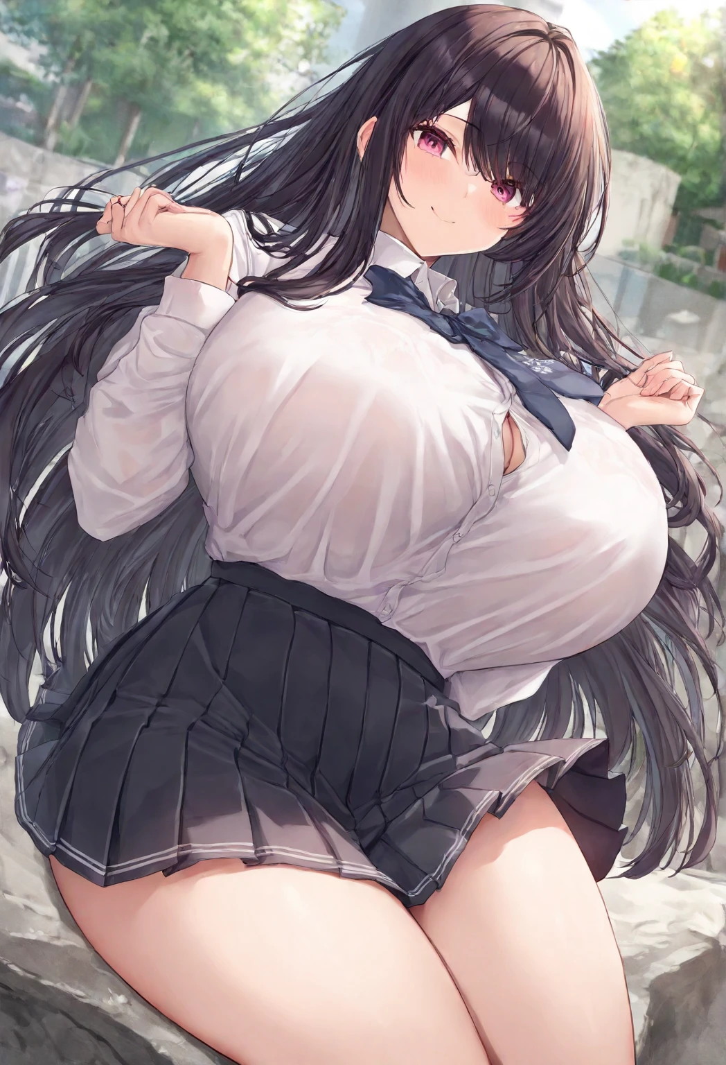 (8k, Highest quality, masterpiece:1.2),\(Narrow eyes),(\(Garment Details\)\),Cowboy Shot,(Huge breasts) ,Very detailedなCG Unity 8k 巨大なファイルサイズ,Very detailed,High resolution,Absurd,Beautiful Eyes,Ray Tracing,Dramatic Shadows,finely,Hyper Detail,(1 girl:1.3),(alone)、(Black Hair),((Long twin tails))、((School uniform、Black Leather Blazer))、((mini skirt))、blush、Sweat、Thick thighs、hot、((Haa))、((Simple Background))、Wide Hips、sexy、Glamorous Body、((A little fat))、With pride、(Look forward)、((Haa、Sigh))、((Stand up straight))、((((Face forward and spread your legs wide))))、(((Squat))),((Cowboy Shot))、とてもSweat、((Knee-high socks))、(((Keep your hands behind your head)))、Cute polka dot panties、((A slightly lower view))