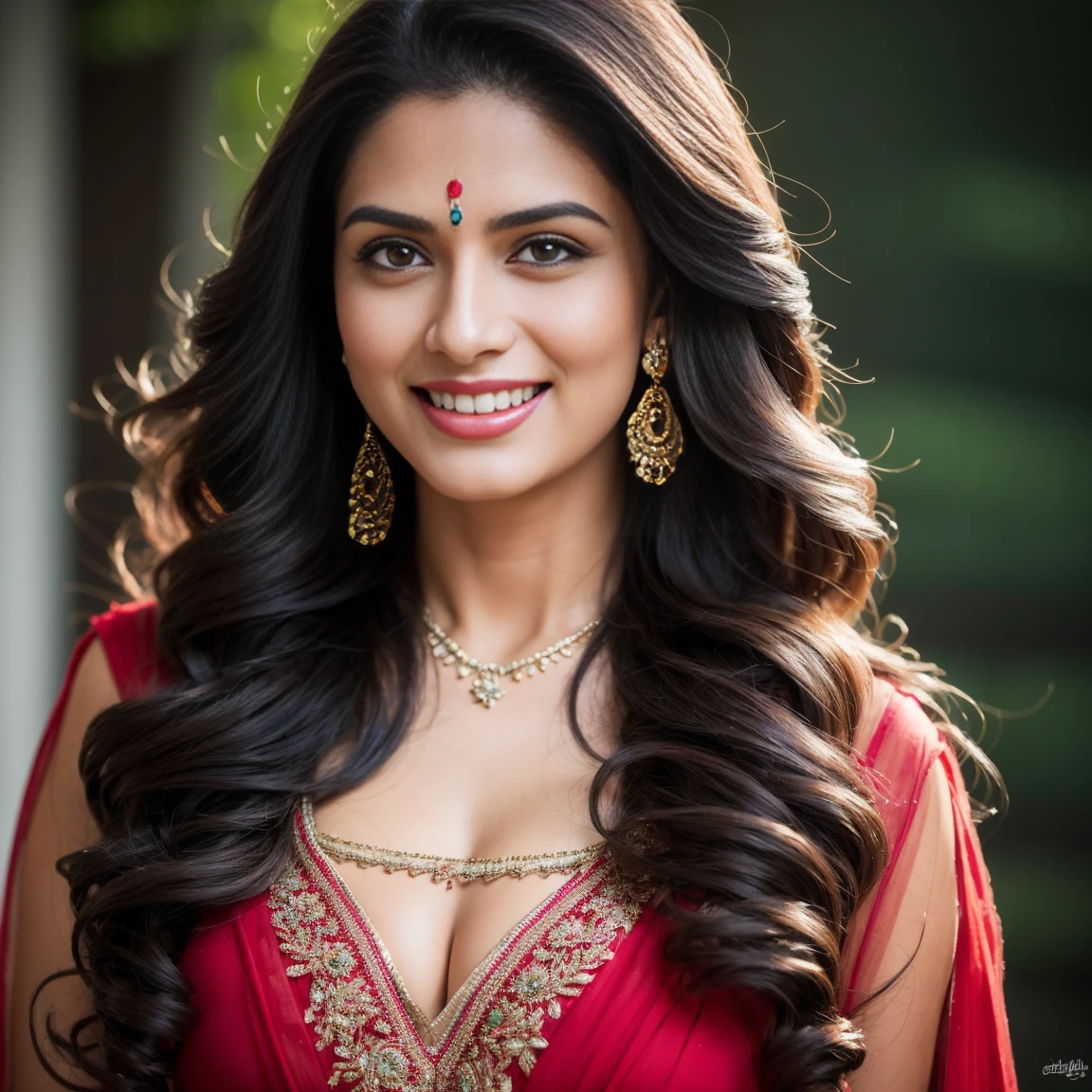 portrait of A confident-looking indian woman princess with long flowing hair, hazel eyes, with pink blue saree, a smile on the face, royal and lusty look, blue bindi, standing in light background, c-cup breast, perfect composition, hyperrealistic, super detailed, 8k, high quality, trending art, trending on artstation, sharp focus, sexy photo, intricate details, highly detailed, art by Greg Rutkowski
