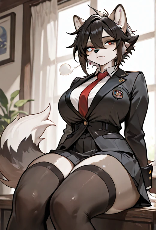 （tmasterpiece，best qualtiy），Altair， hairy female， 1girll， blood red eyes， wolf， sketching， Detailed fur skin，Military_Dress , Sharp focus， fluffly，Airforce_Base ， Two-tone fur， Your body soloes， blood red tail， black fur， 8K ， hairy female， 1girll， Animal_wolf ears， eletric， with light glowing， hair_One_eye， Looking_at_peeping at the viewer， blood red fur, black hair, Furry, Anthro, 1911_Pistol, airforce_uniform, service cap, full body, large breast, Blood_red_cross_tattoo_on_face