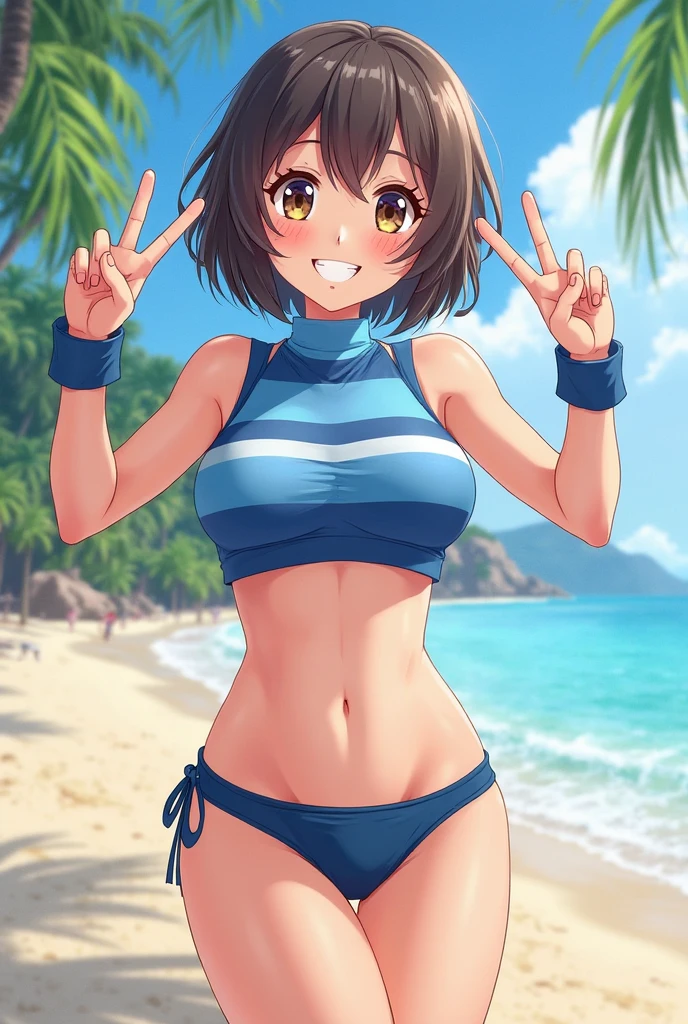 masterpiece, best quality, asuka kazama, looking at viewer, very large breasts, upper body, seductive smile,put your hands behind your head, armpits, armpits visible, sweaty armpits, wearing bikini, backround on beach