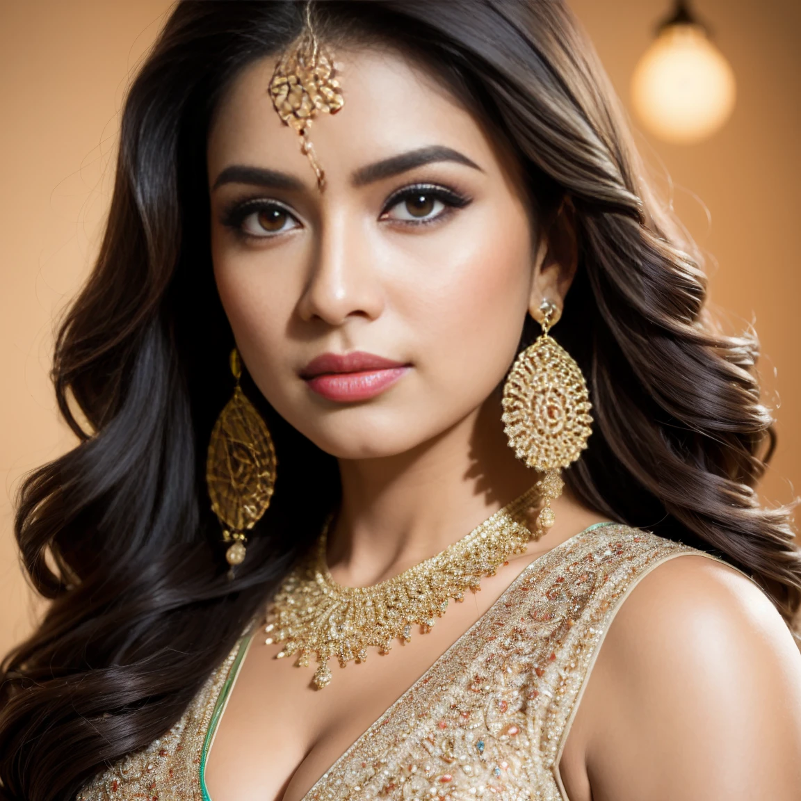 portrait of A confident-looking indian woman princess with long flowing hair, hazel eyes, with blue green copper brown saree, a smile on the face, royal and lusty look, red bindi, standing in cricket stadium, c-cup breast, perfect composition, hyperrealistic, super detailed, 8k, high quality, trending art, trending on artstation, sharp focus, sexy photo, intricate details, highly detailed, art by Greg Rutkowski