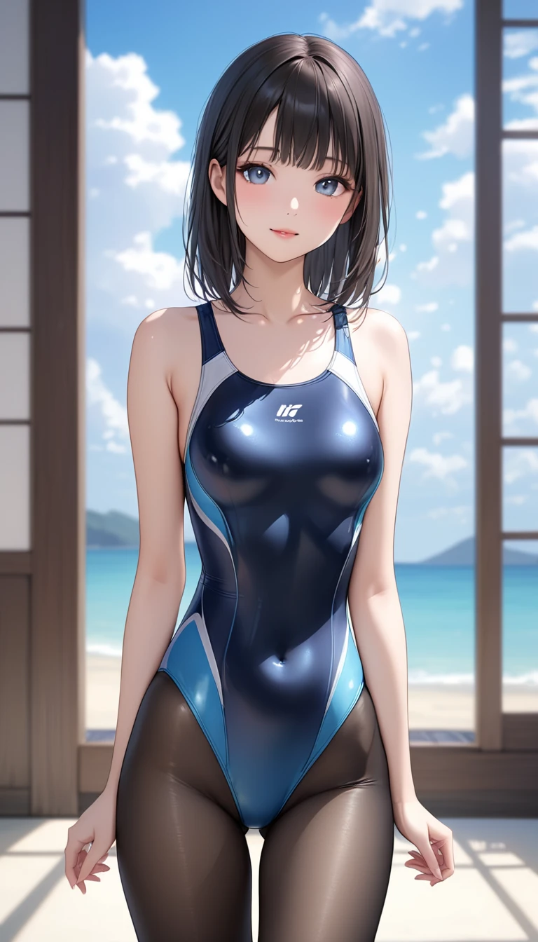score_9, score_8_up, score_7_up, score_6_up, score_5_up, score_4_up, sweat, standing, black hair, looking at viewer, bare shoulders, blue one-piece swimsuit, long hair, medium breasts, simple background, twintails, white background, solo, 1girl, blush, wristband, closed mouth, spot color, blue eyes, hair bobbles
