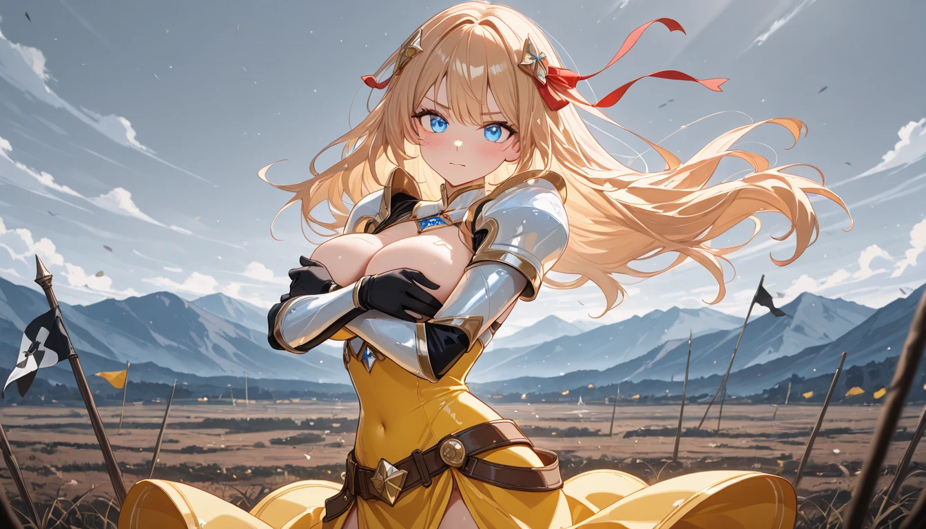 Perfect human body modeling, 1girl, pretty face, blunt bangs, Long hair, drill hair, twin drills, blonde hair, shiny hair, glow eyes, jitome, brown eyes, tsurime, white skin, huge breasts, Short body, Western-style fantasy, RPG, Rocky mountains, desert, Red cape, Golden knight, Golden Bikini Armor, 