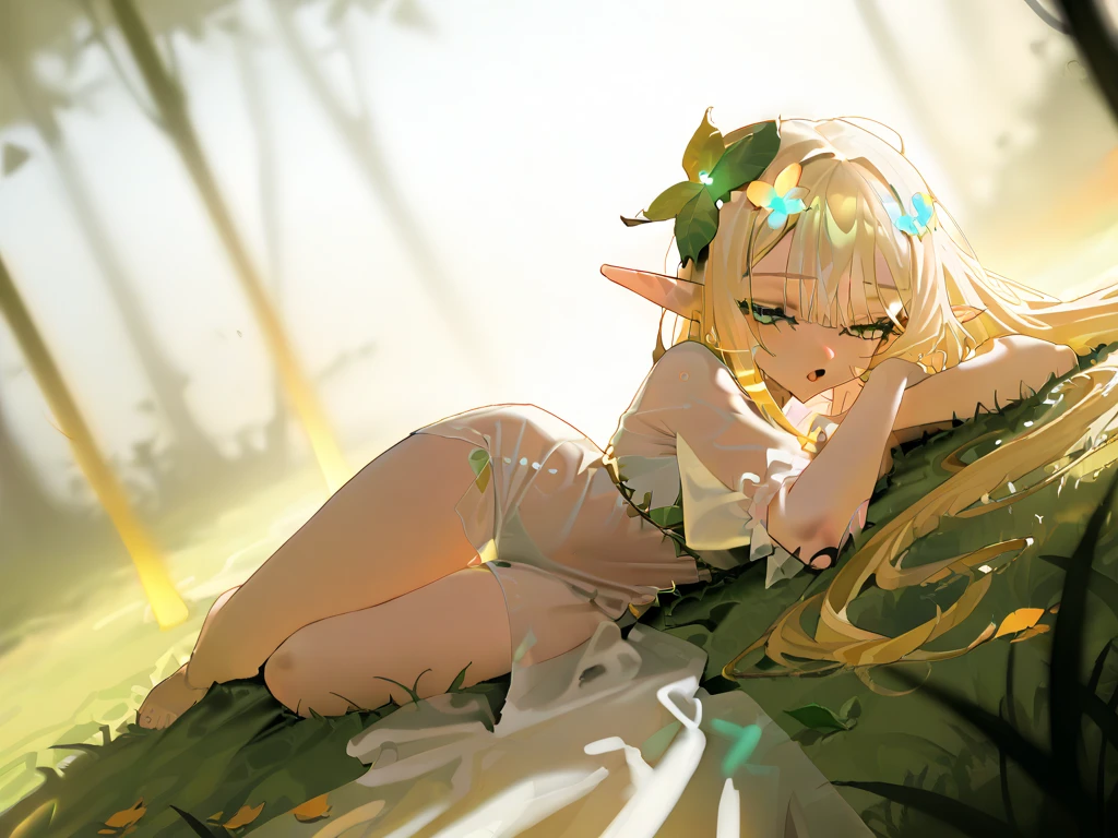 1girl, nahida \(genshin impact\), genshin impact\\\\\ masterpiece, best quality, very aesthetic, absurdres, newest \\\\\\ slim body,///// ,by nyantcha,cutesexyrobutts , by khyle,,////// beautiful face, sexy, , greenery,, jungle,birds etc, looking at viewer, lime bikini,grass,lying on back