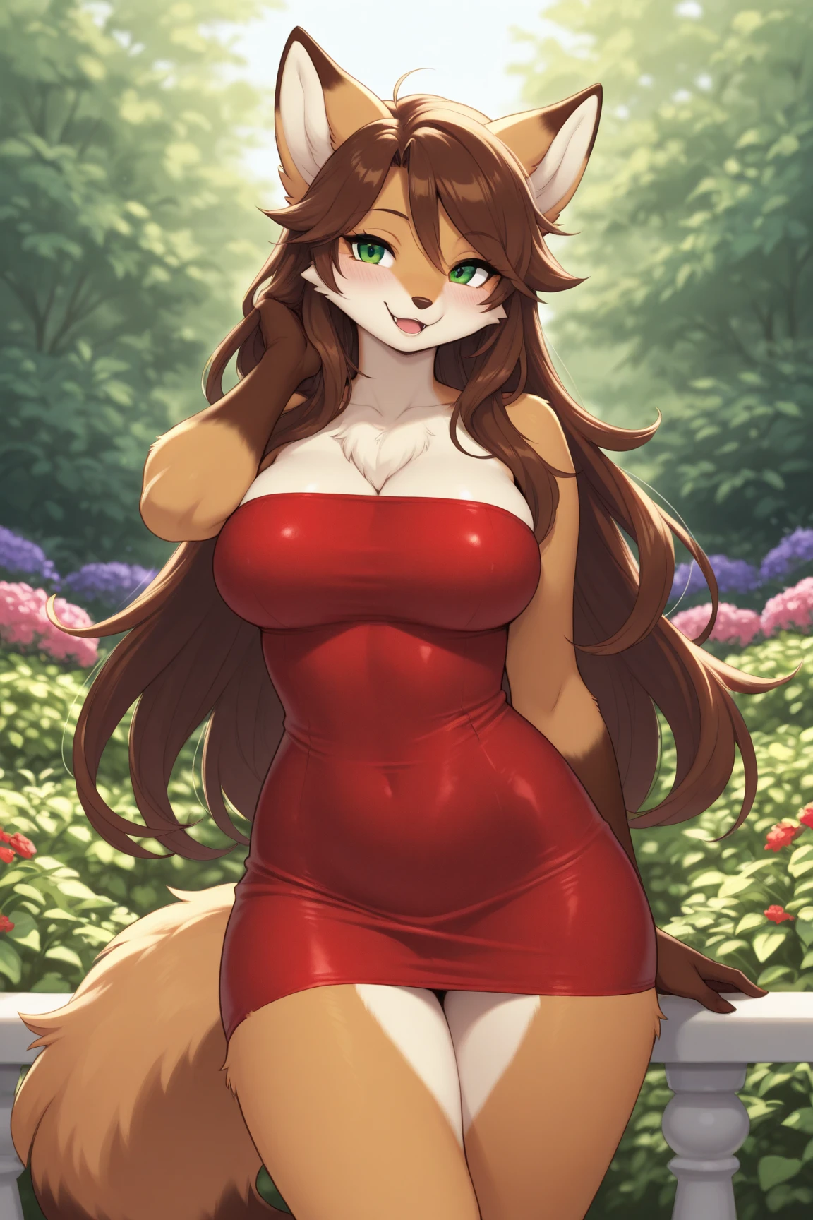 Antrho, fox, female, solo, pelo laranja, cabelo loiro longo, peitos medios, bunda media, coxas curvadas, usando roupa de noiva transparente, calcinha e sutia branca rendada, meias altas, segurando buque de flores, olhando sobre o ombro, sorriso envergonhado, fundo jardim florido, cauda deve ser mostrada