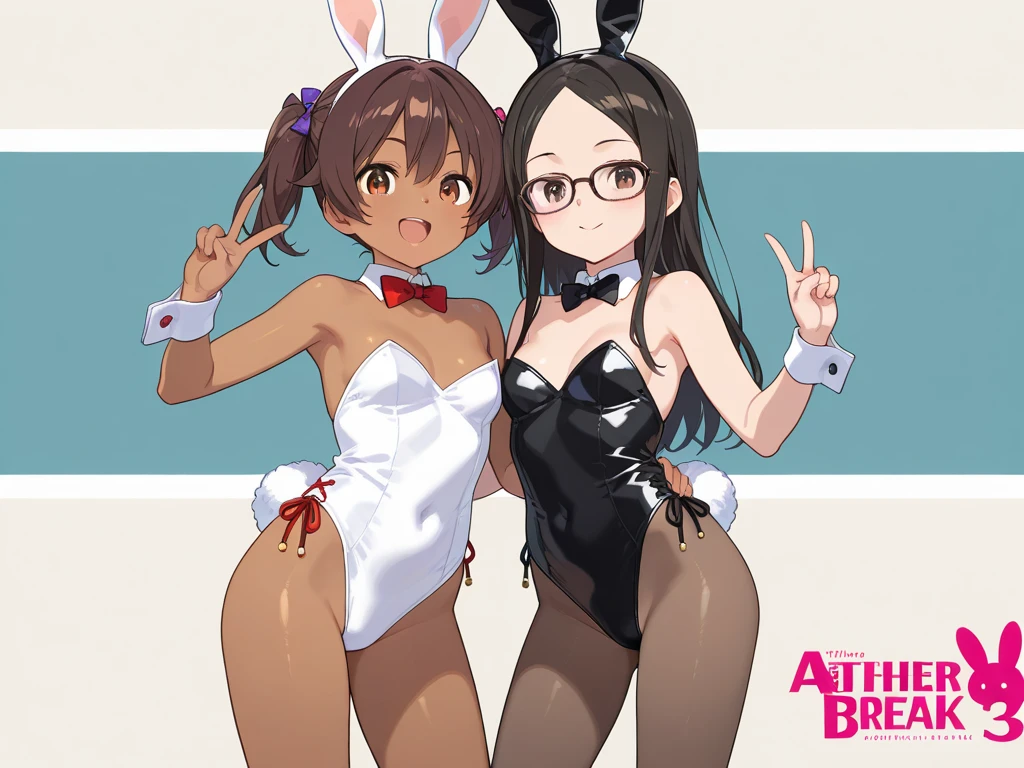 nsfw,2girls,duo,lineup,Androgynous,playboy bunny,big breast,black hair,red eyes,medium hair,sidelocks,(cowboy shot),(tight skin),straight-on,standing,masterpiece,best quality,very aesthetic, absurdres,Cameltoe,(White hair),(yellow eyes),(micro bikini:1.5),(nude)