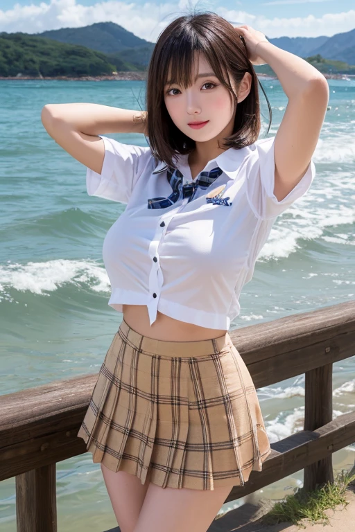 ultra highres,(reality: 1.4),highest quality, masterpiece, high detail, 16K quality, beautiful, 1 beautiful girl,japanese,super beautiful face,baby face,japanese idol face,cute face,super detailed face,detailed hand,beautiful skin,sweaty skin,big eyes,big smile,profeccional lighting,medium hair,brown hair,brown beautiful eyes,sitting with knee up,spread legs,(skirt lift),(white panty),medium breasts,see through white shirt,open button,(black check skirt),high socks,she is looking at the camera,beach,blue sky,blue ocean, nsfw,from front,