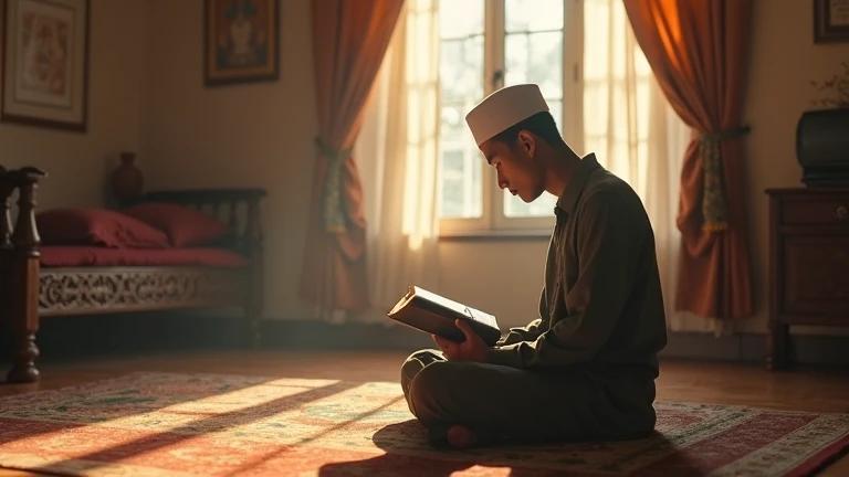 photorealism:1.2),  aesthetic neutral color background on the left, On the right side,  silhouette image of a man wearing a traditional Indonesian black cap sitting cross-legged and reading the hadith book Arbain NAWAWI