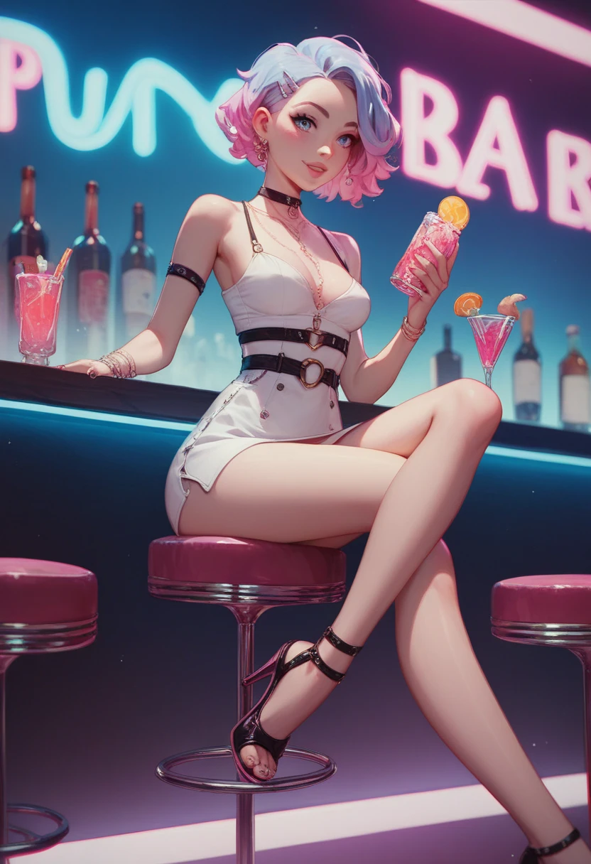 a large pill is red and white, made of translucent glass, and a beautiful girl in a bikini is sitting inside and shows with all her appearance that she is waiting for her love. the pill itself is illuminated with pink neon, and the inscription "Lirika Market Place" glows beautifully in red letters on top. everything is done in the style of romance, love, passion. with high resolution and hyperrealism.