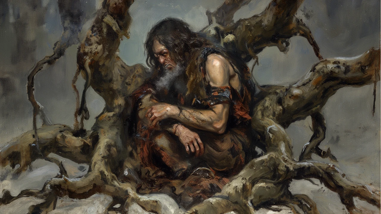 a painting of a pudgy man in a dark forest, charcoal fog in background, almost completely nude, scarred flesh, wearing a pallid mask, crazed eyes, very long unkempt hair, arms loosely covered in fraying bandages, paint smudges on the canvas, no reflections, painting of a cultist, wearing nothing except a tattered yellow loincloth, gnarled trees