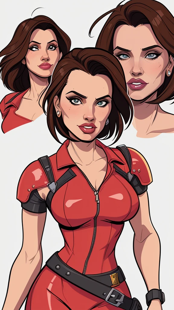 Thin woman (Lara Croft), age 25, 4K (High definition), thoughtful, seducing gaze, eyes browns, wearing a red dress (com zipper lateral) and short sleeves, arms positioned at the side of the body, brunette skin, long brown hair tangled (pony-tail), standing (upper body), full of curves with freckles on her chest and neck, round breasts. High-quality Marvel style, white background.