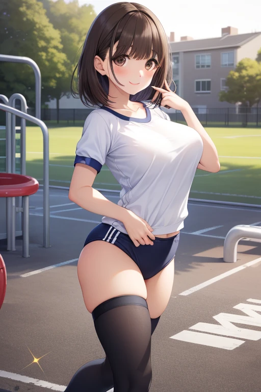 (((Micro bikini that accentuates sexy breasts:1.75)))、(((Sexy knee-highs:1.35)))、((((Emphasizes the sexy crotch:1.35)))、((((Spread your legs wide、Touching the thigh、There is a lot of pubic hair showing off the crotch、large pointy breasts))))、((Boyfriend and girlfriend having sex in missionary position:1.5))、((Sexual pose:1.5))、((Spread legs POV:1.5))、、Browsing Caution、（Humans are biologically correct、references） 、 lose extra limbsslim limbsextra numbersmutated hands and finger fusionfingersslim bad handslong necklong body anatomybad deformationbad deformation no extra breasts、Not Futanari、masterpiece, Highest quality, One girl, Portraiture, Female, 37 years old, Short brown hair, Ponytail Hair, blue eyes, Medium chest, Perfect model body shape, ((wear: White Gym T-Shirt, Black gym sweatpants, Whistle necklace and black tennis shoes)), smile, Are standing, Hands on hips, View your viewers, (background: Outdoor, Junior High School Track and Field, blue sky, Sky with clouds),
