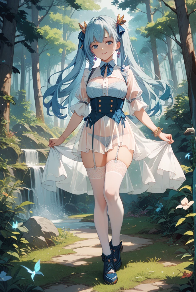 (8K, RAW photo), highest quality, (masterpiece:1.2), very detailed, Day, outdoor, (beautiful and clear background:1.2), 1 girl, alone, Latifah Flulanza, open your mouth, Happy, smile, looking at the viewer, blonde hair, long hair, very long hair, blue eyes, (Beautiful detailed eyes: 1.2), (tiara, pink dress, bare shoulders, gown, necklace, gloves), ((theme park)), (boat, bathing, Wet, pool, water, water fall, water splash, plant, wood, Lantren), flat chest, (((lift skirt, white lace panties))),